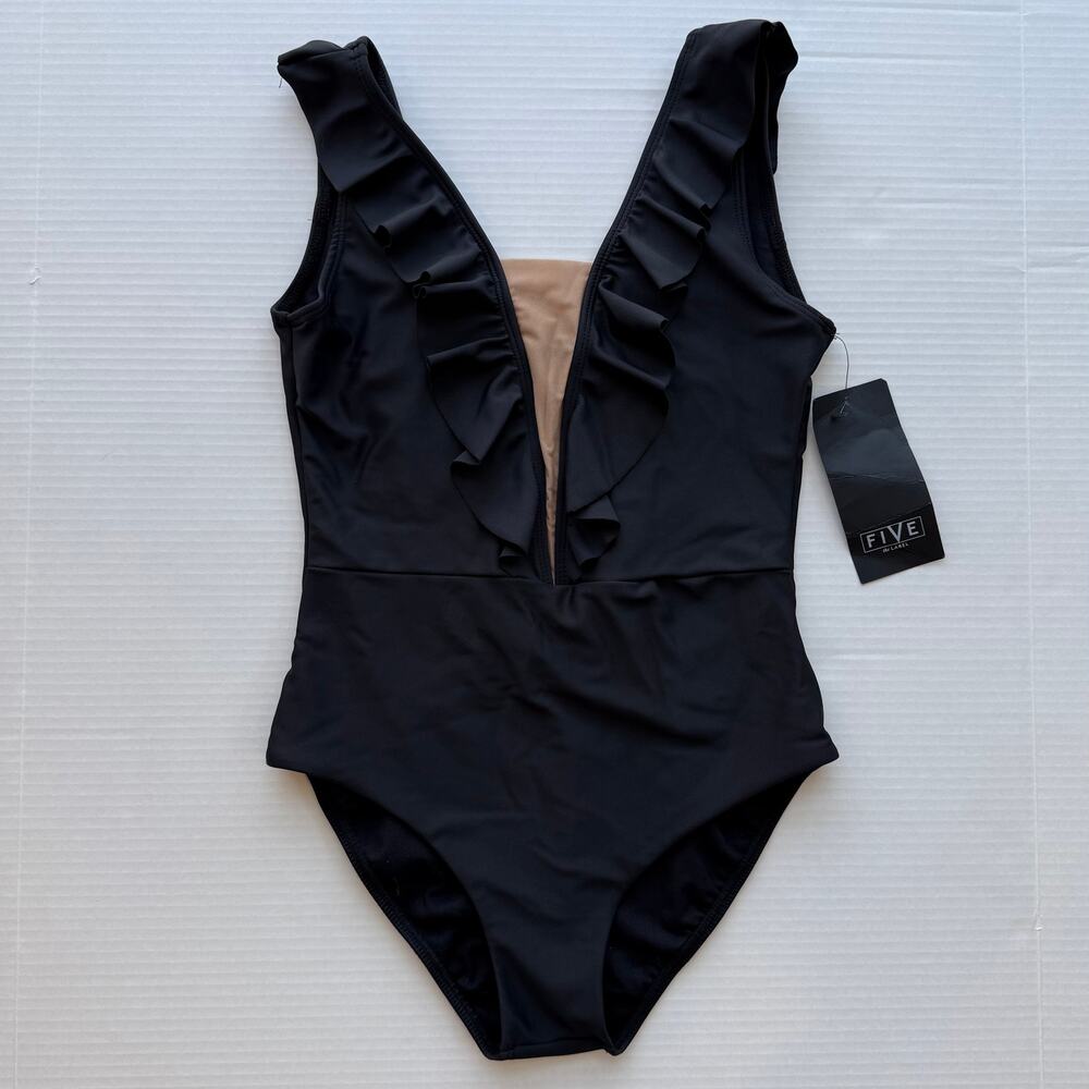 Five The Label Dancewear Women's Ruffled Black Leotard Small Plunge
